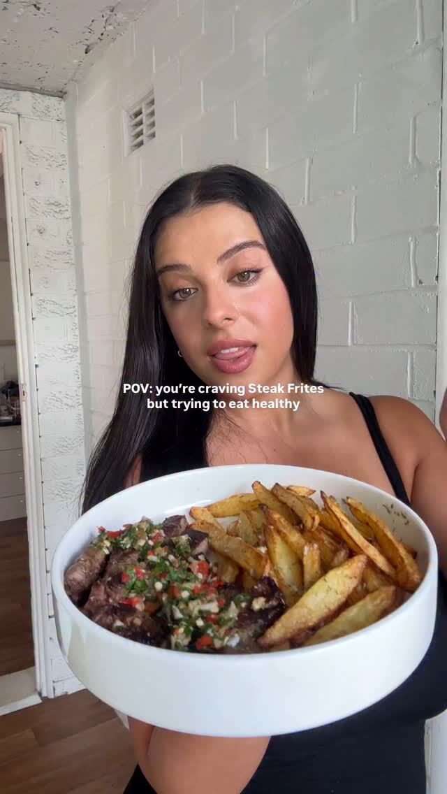 Chimichurri Steak & Fries 🍟 

Recipe:
150g-170g Grass Fed Beef Eye Fillet Steak (or any cut)
Salt & Pepper
250g white potato- chopped into fries
1-1.5 tsp oil 
Seasonings of choice (for fries)- I use salt & peri peri seasoning

Homemade Chimichurri (makes 4-5 serves):
- Handful of parsley (I use 1/3 of a bunch)
- 1 small shallot
- 1 chilli
- 2 cloves garlic
- 1 tsp dried oregano
- 3 tbsp vinegar (I do a mix of red wine and ACV)
- 18g Olive oil (about a heaped tbsp)
- Salt & Pepper to taste
* I use more vinegar over olive oil to limit the calories 

1. Bring the steak out of the fridge an hour before cooking (to bring to room temp) I like to pat it dry with a paper towel and season with just salt on both sides
2. Make the chimichurri sauce - I like to blitz every ingredient in my mini food processor because I am too lazy to chop, mix all the ingredients well in a bowl and let it sit in the fridge for minimum 30 minutes to really develop the flavour
3. Peel & cut the potato into fries & rinse the starch of the potato until the water comes clear
4. Optional (but recommended) soak the fries in cold water with a dash of baking soda and salt for 30 mins-1 hour
5.  Pat dry and add to a bowl with 1/2 tsp olive oil (the less the better trust me on this) and seasonings and mix well
6. Airfry at 160c for 5 mins then 200c for 12-15 mins shaking half way
7. While the fries are cooking, heat a pan to medium-high heat, add a dash of olive oil and cook the steak (I do 2 -3 minutes per side, but every steak will differ (Depending on thickness) mine was a little more well done (I prefer it a lil rarer so do 2 mins per side if you like it more medium rare- for thicker steaks do 3-4 mins)
8. Remove the steak from the pan and let it sit for 5-10 minutes, I also season with pepper at this point. 
9. Cut the steak into thin strips, serve with the fries and chimichurri and enjoyyyy

Macros per serve (1):
Calories: 525
Protein: 43g
Carbohydrates: 43g
Fat: 20g